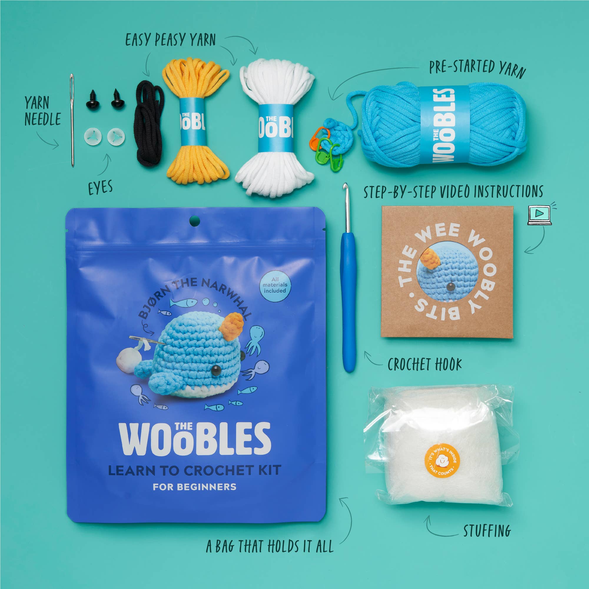 Woobles Beginner Crochet Kit - Bjorn the Narwhal